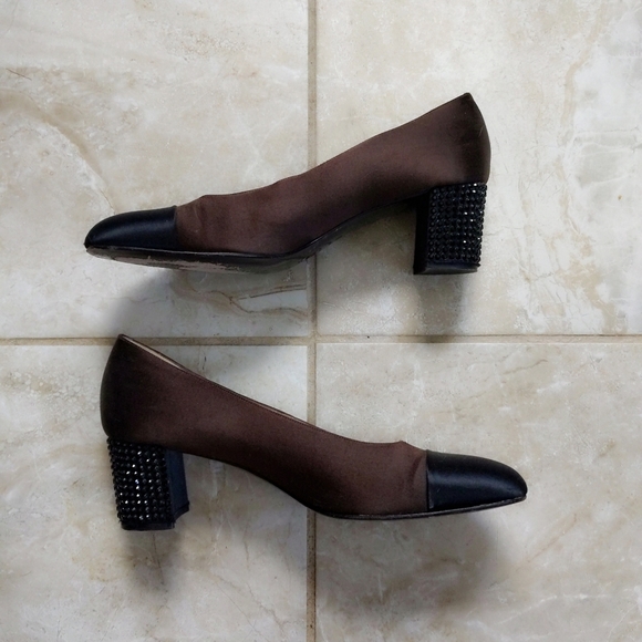 Ernesto Esposito Bicolor Brown Black Cap Toe Satin Jeweled Block Heels 38 7.5 - Picture 3 of 7